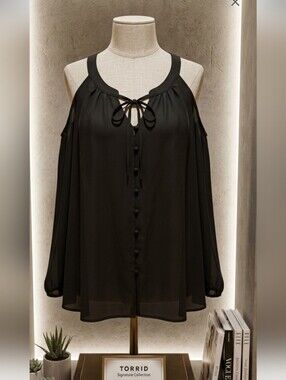 ***torrid Black Cold-Shoulder Tie-Neck Blouse with Covered Buttons Pit 28" L=31"